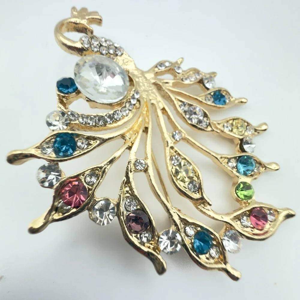 Hummingbird & Peacock Brooch Set Gold Tone Rhinestone Enamel Bird Pins